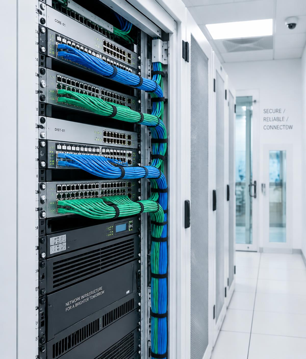 Neatly organized network rack with blue and green cables